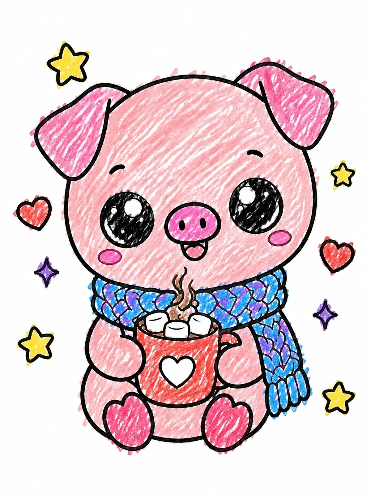 Colored example of the Cute Piglet With Hot Cocoa coloring page