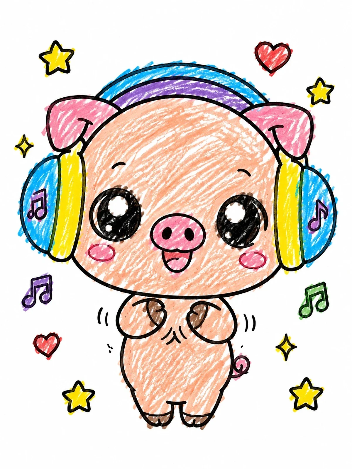 Colored example of the Cute Piglet Listening To Music coloring page