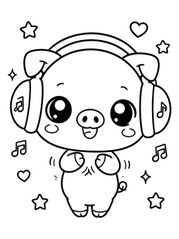 A kawaii cute pig coloring page with a piglet wearing large headphones surrounded by music notes.