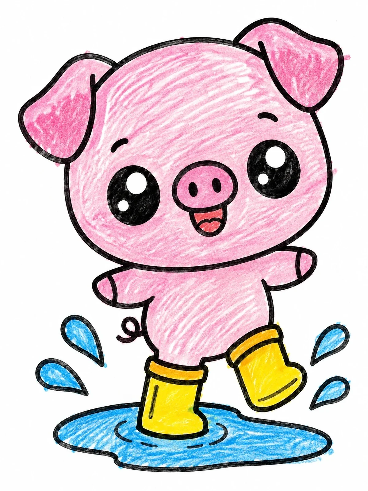 Colored example of the Cute Piglet Splashing In Rain Boots coloring page