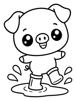 A kawaii cute pig coloring page showing a happy piglet splashing in a puddle wearing rain boots.