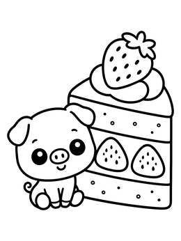 A kawaii cute pig coloring page featuring a tiny piglet sitting next to a slice of cake.