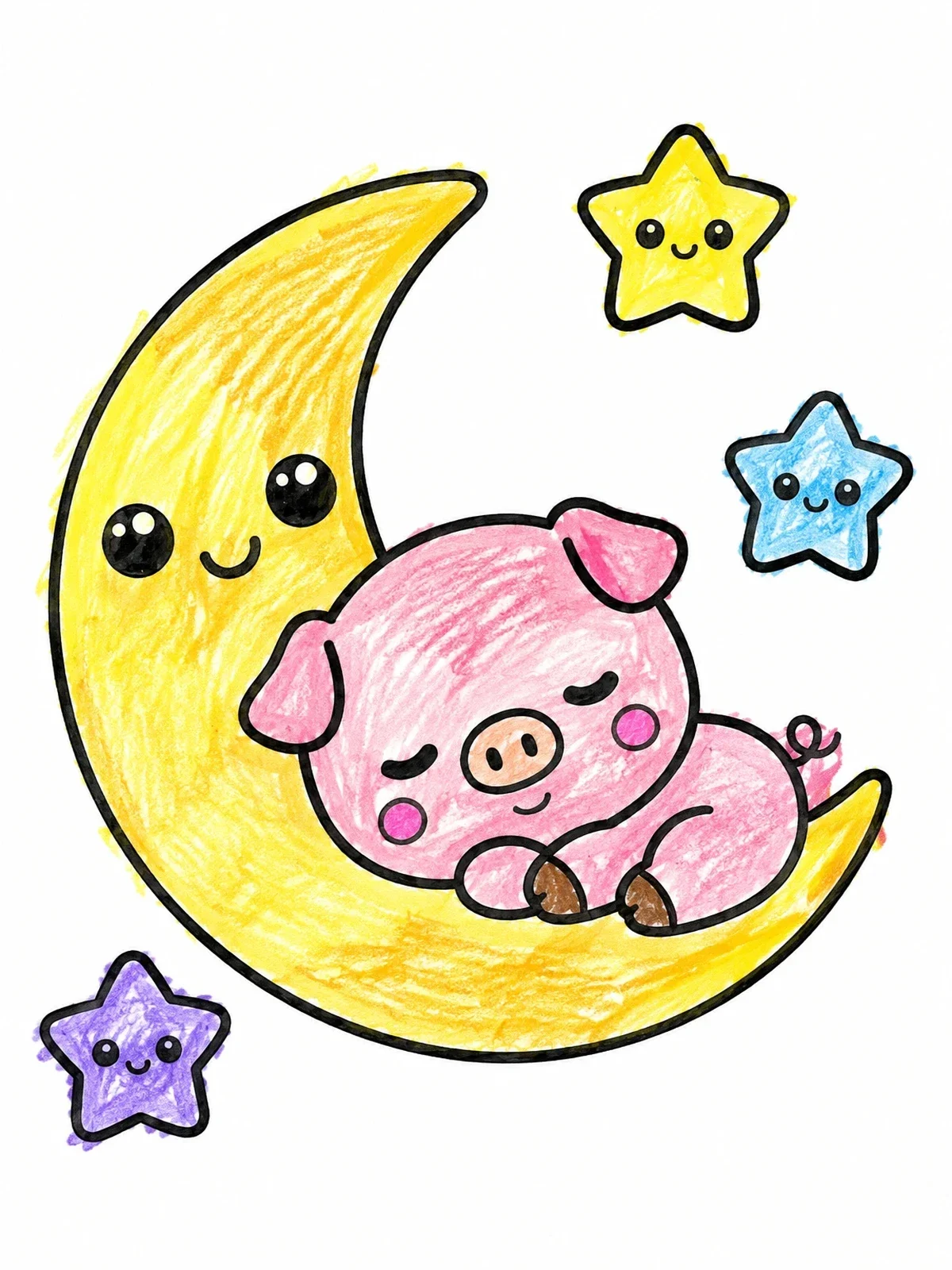 Colored example of the Sleeping Piglet On Crescent Moon coloring page