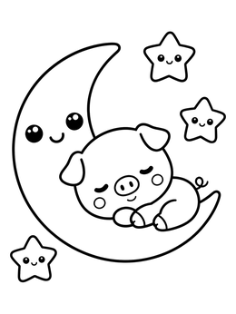Free printable Sleeping Piglet On Crescent Moon coloring page