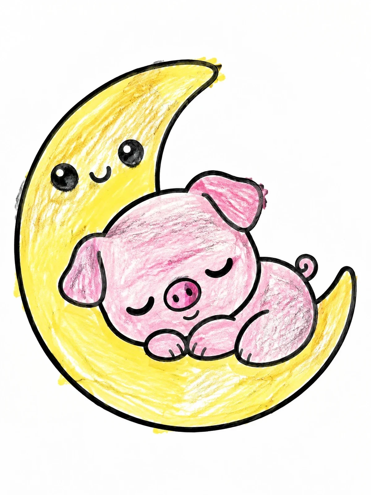 Colored example of the Sleeping Piglet On Crescent Moon coloring page