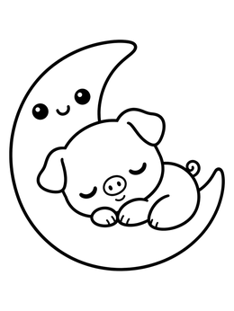 A kawaii cute pig coloring page showing a baby pig asleep on a crescent moon.