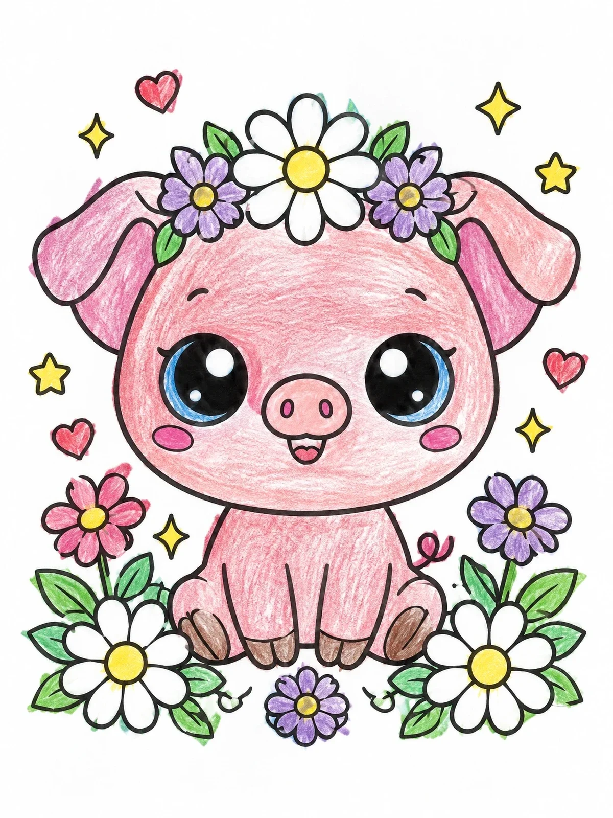 Colored example of the Sweet Piglet With Flower Crown coloring page