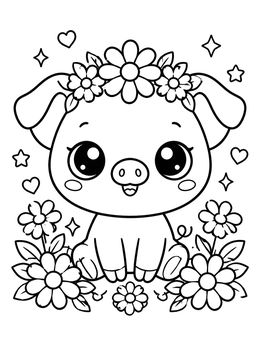 A kawaii cute pig coloring page featuring a piglet with a floral crown surrounded by daisies.