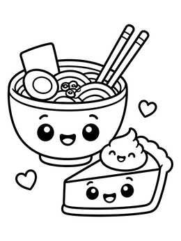 A happy bowl of noodle soup and a pie slice on this kawaii coloring page.