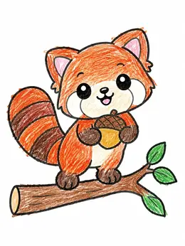 Cute Red Panda With Acorn – Kawaii Coloring Page