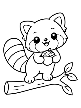 A cheerful red panda sits on a branch in this kawaii coloring page.