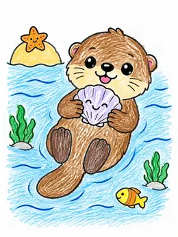 Cute Sea Otter Floating With Seashell – Kawaii Coloring Page