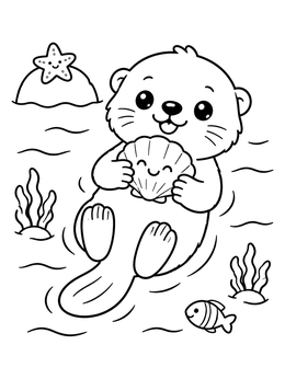 A kawaii coloring page of a smiling baby otter holding a shell in the ocean.