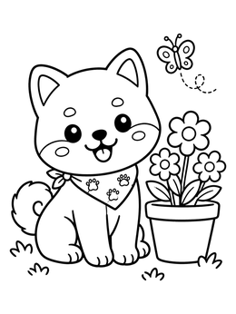 A happy puppy sits beside potted flowers on this kawaii coloring page.