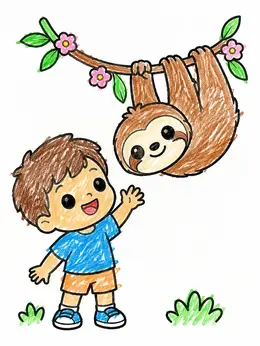 Cute Sloth And Little Boy – Kawaii Coloring Page
