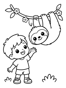 A cheerful boy waves at a sloth in this kawaii coloring page.
