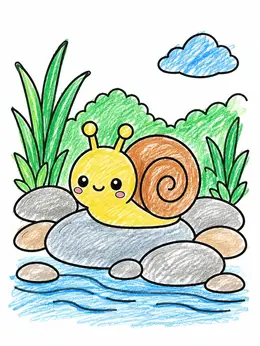 Cute Snail On River Pebbles – Kawaii Coloring Page