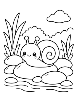 A kawaii coloring page showing a happy snail resting on smooth river stones.