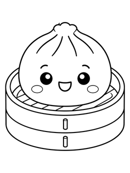 A happy baozi sitting inside a bamboo basket on this kawaii coloring page.