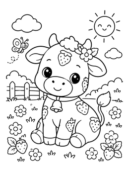 An adorable strawberry cow with a bell collar on this kawaii coloring page.