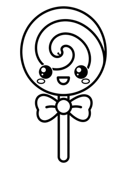 A kawaii coloring page showing a happy swirl lollipop decorated with a bow.