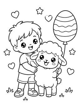 A happy boy and lamb with a striped balloon on this kawaii easter coloring page.