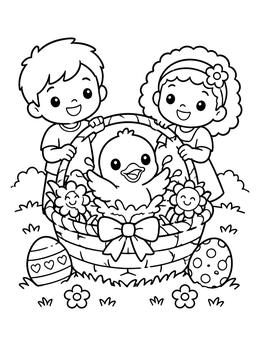 A kawaii easter coloring page with happy children admiring a cute duckling splashing in an Easter basket.
