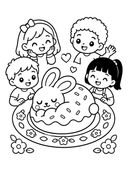 A kawaii easter coloring page with happy children admiring a sleeping bunny donut on a plate.