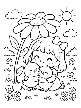 A kawaii easter coloring page of a sweet girl hugging two little chicks under a flower.