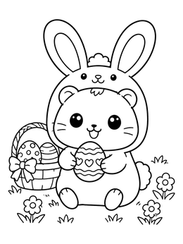 A kawaii easter coloring page of a hamster in a bunny hood holding an egg.