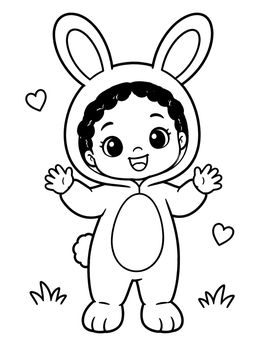 A kawaii easter coloring page featuring a happy toddler dressed in a fluffy rabbit costume with hearts.