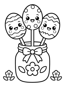 A kawaii easter coloring page with three cute egg cake pops in a decorated jar.
