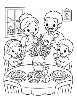 Free printable Family Arranging Spring Easter Flowers coloring page