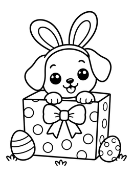 Free printable Puppy With Bunny Ears In Gift Box coloring page