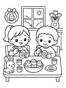 A sweet kawaii easter coloring page of two children happily painting eggs at a table.