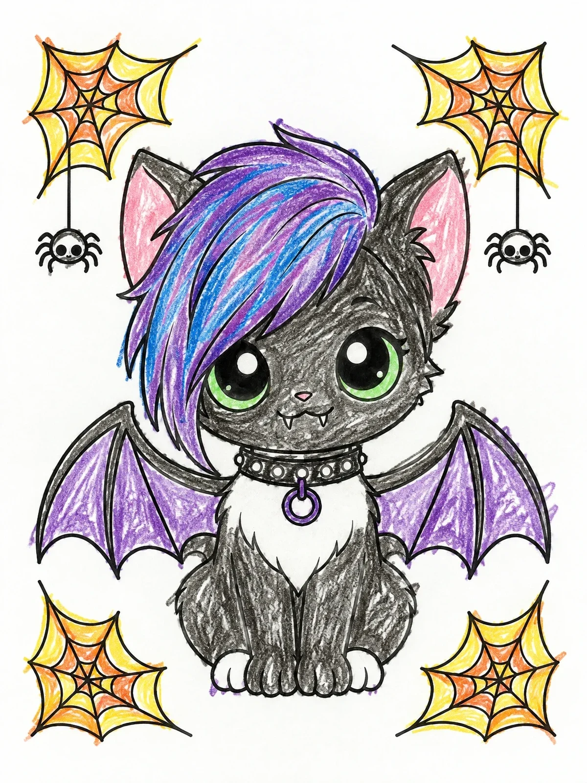 Colored example of the Kawaii Emo Cat With Bat Wings coloring page