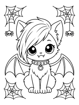 A cute winged kitten with swoopy hair and spiderwebs in this emo coloring page.