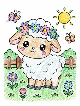 Fluffy Lamb With Flower Crown – Kawaii Coloring Page