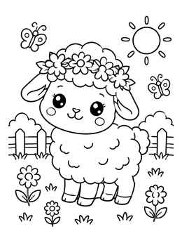 A fluffy little sheep in a flower crown graces this kawaii coloring page.