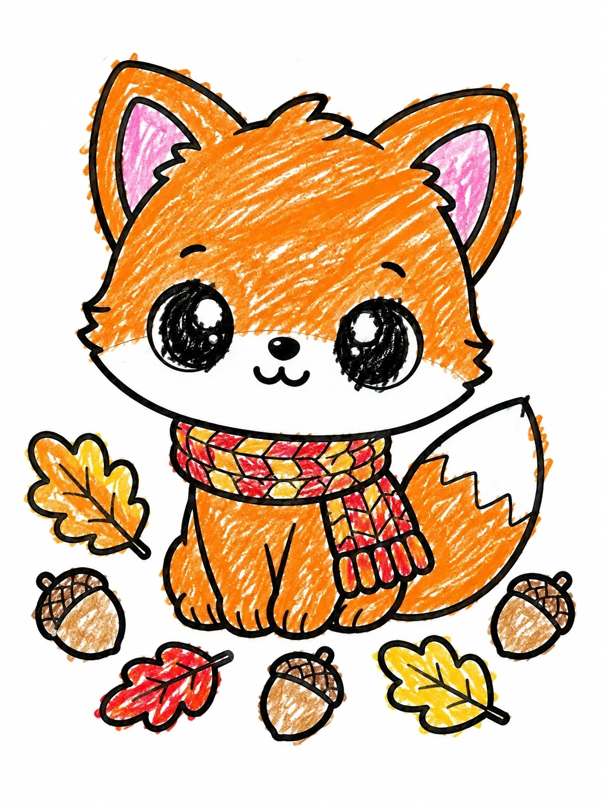 Colored example of the Cute Baby Fox With Autumn Scarf coloring page