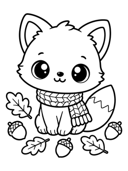 A kawaii fox coloring page featuring a baby fox with a scarf, acorns, and leaves.