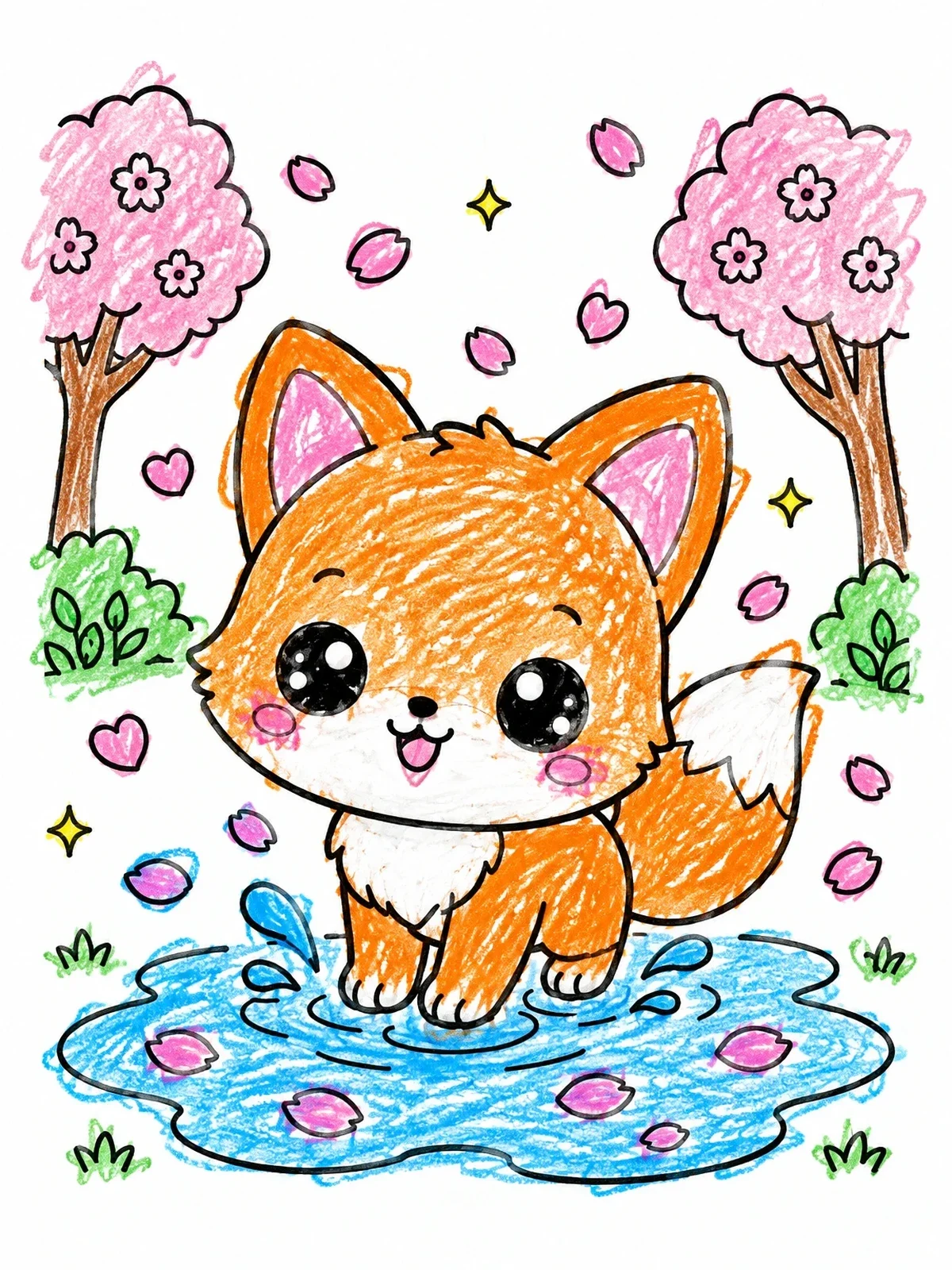 Colored example of the Cute Baby Fox Splashing In Puddle coloring page