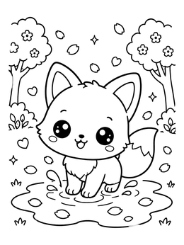 A kawaii fox coloring page with a cute kit splashing in a puddle under spring blossoms.