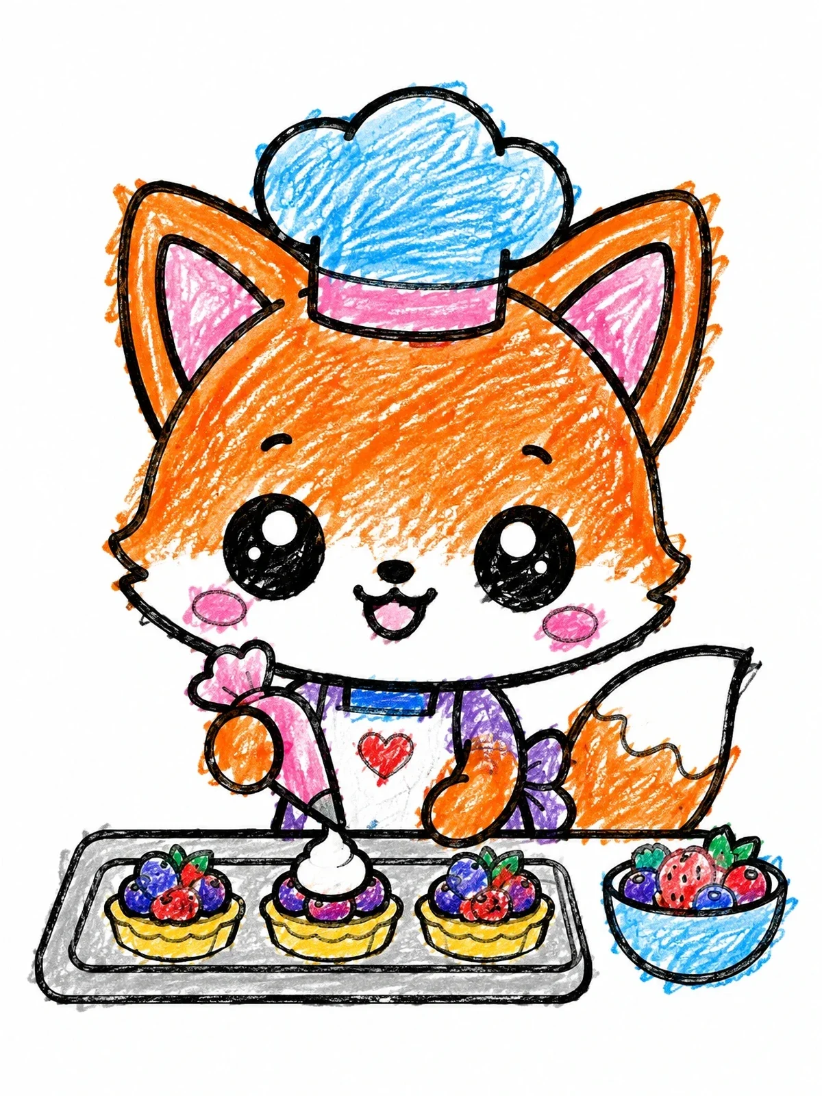 Colored example of the Cute Baker Fox Decorating Berry Tarts coloring page