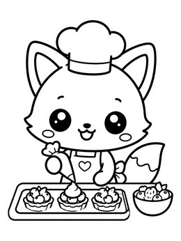 A sweet kawaii fox coloring page shows an animal chef icing tarts.
