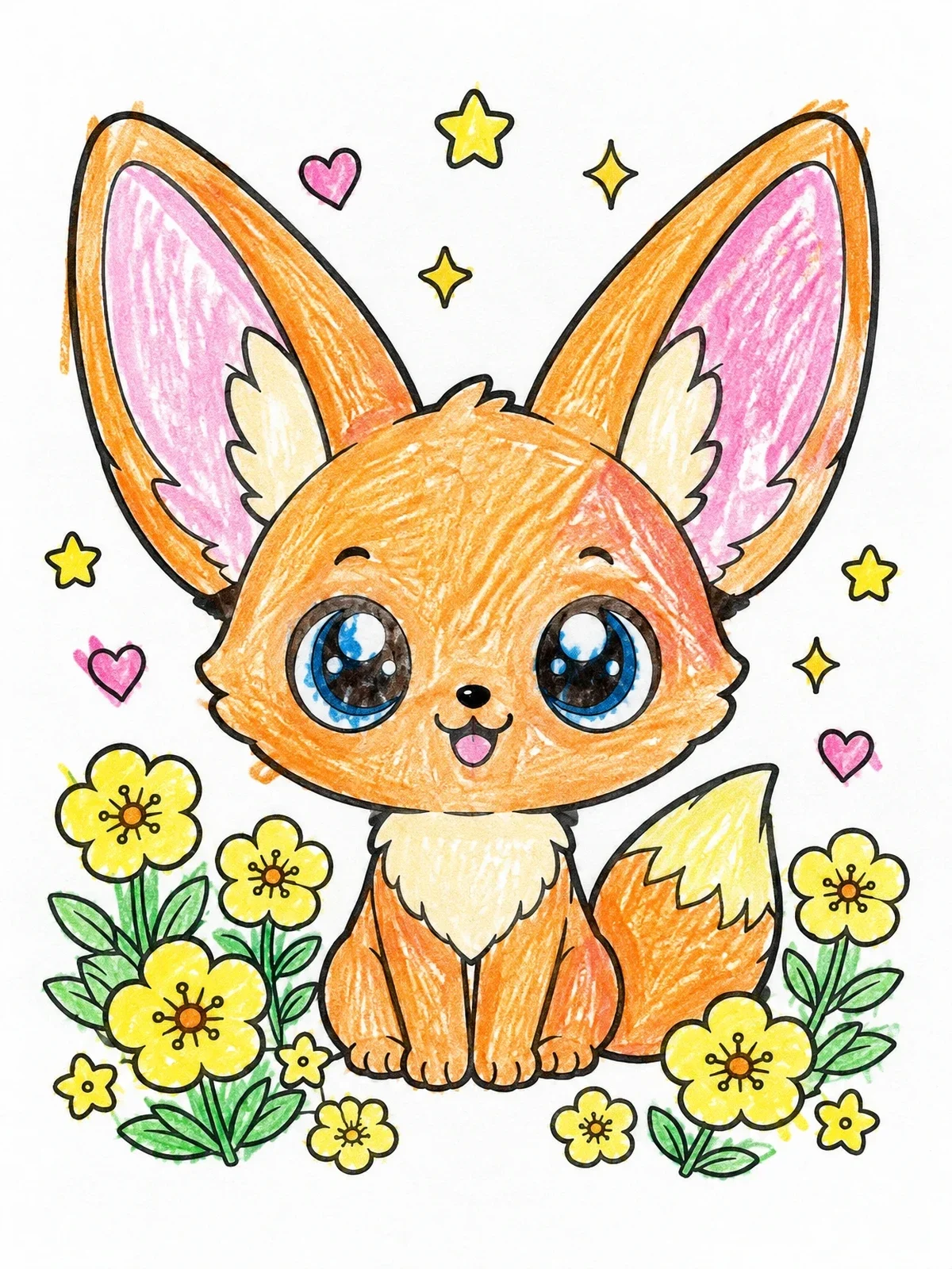 Colored example of the Cute Baby Fennec Fox In Flowers coloring page