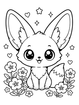 Free printable Cute Baby Fennec Fox In Flowers coloring page