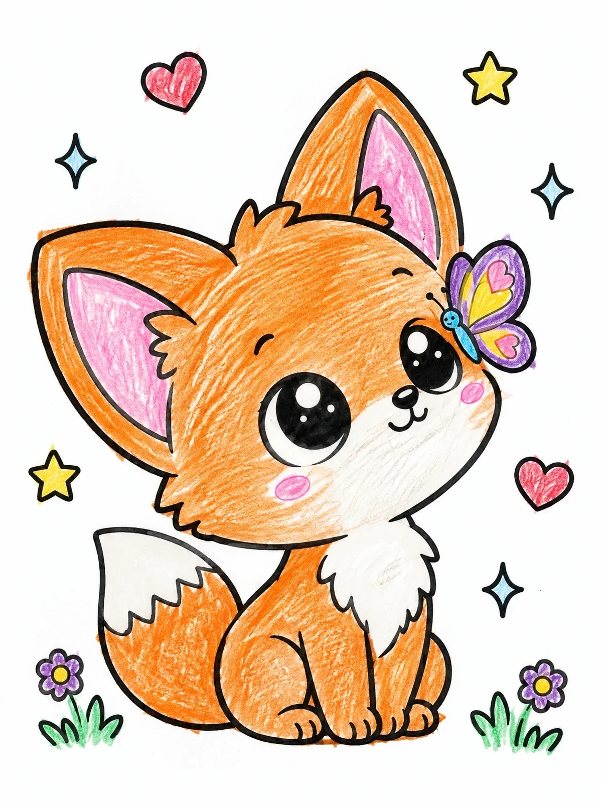 Colored example of the Cute Baby Fox And Butterfly coloring page