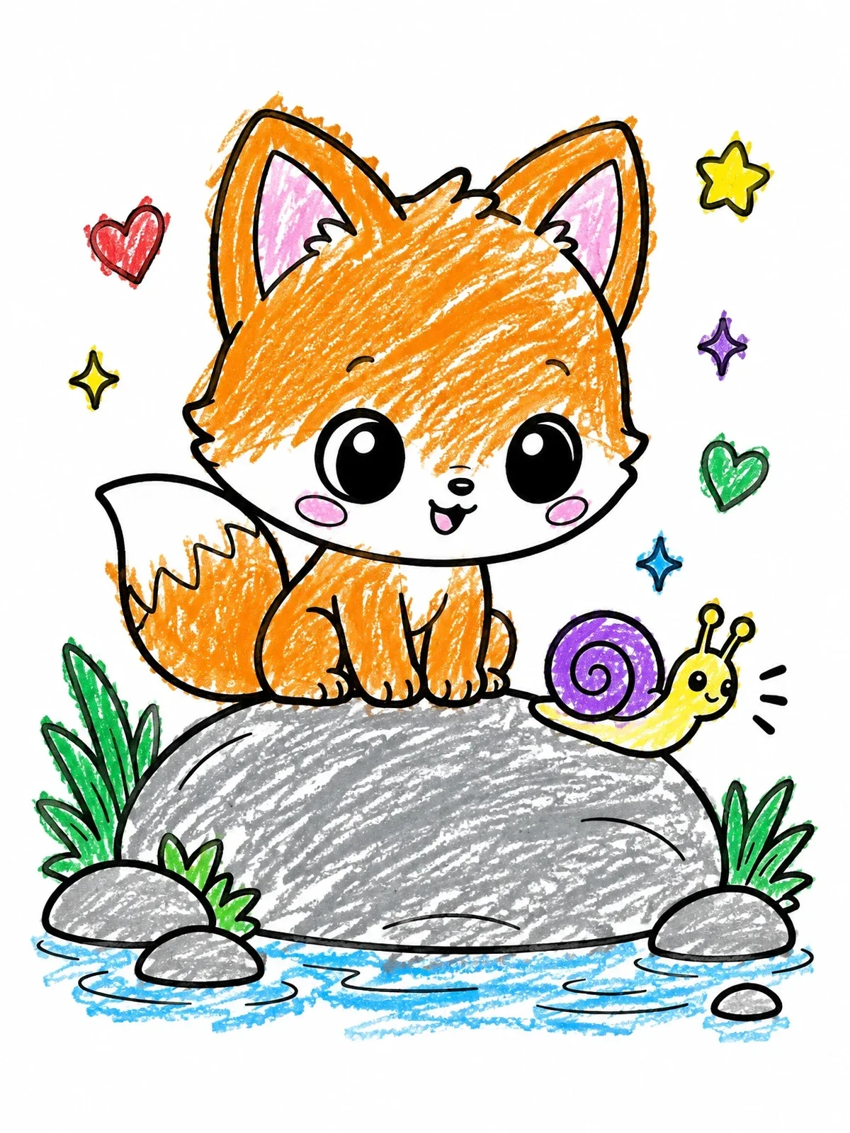 Colored example of the Cute Baby Fox And Little Snail coloring page
