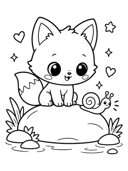 A kawaii fox coloring page featuring a baby fox sitting on a rock with a snail.